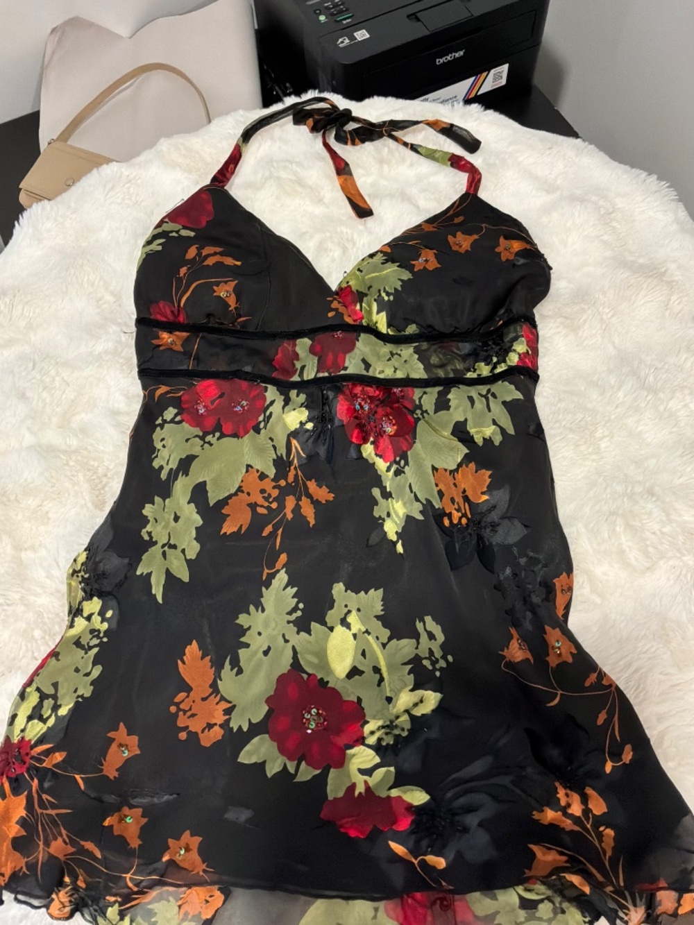 Vintage Le Chateau Y2K Silk Floral Halter Top Black Red Velvet Trim Size M - Picture 2 of 8